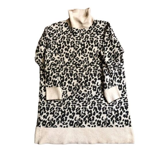 Loft Leopard Print Turtleneck Wool Blend Sweater Dress size L - Picture 5 of 12
